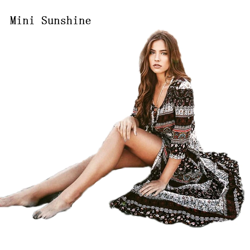 

Summer Boho Maxi Dress Women Printed V-neck Three quarter sleeve Bandage Beach Dresses Sexy Vestidos Vintage Long Dress z3