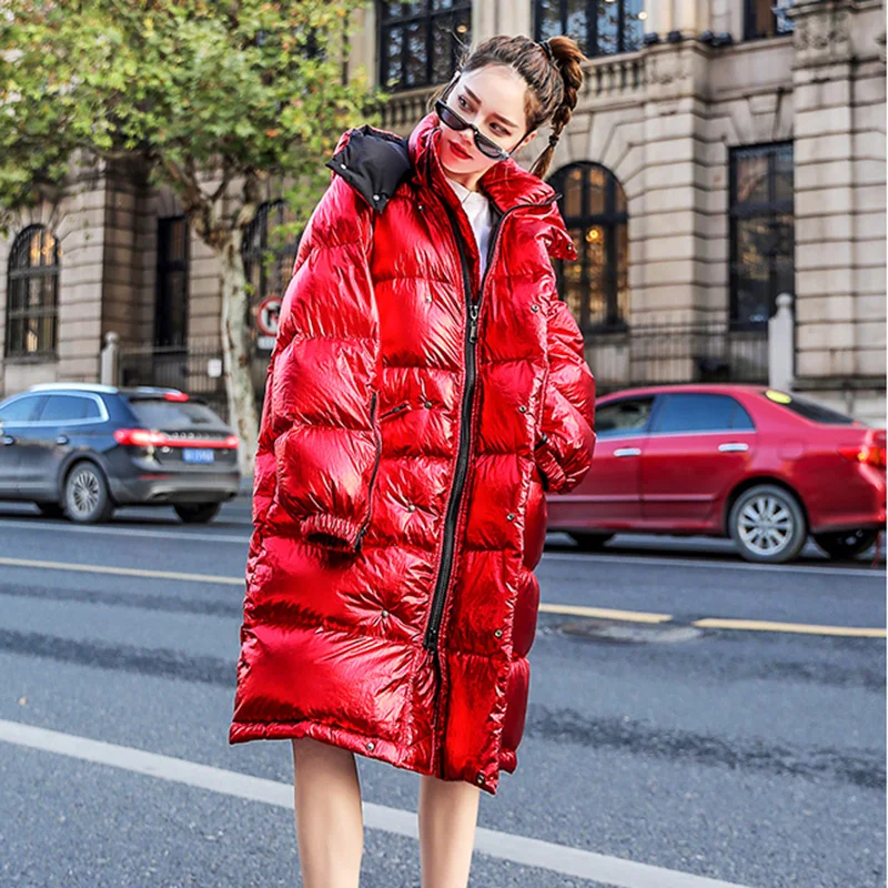 Зимнее красное модное женское пуховое хлопковое пальто куртка Новое теплое с капюшоном высококачественное плотное глянцевое женское хлопковое пальто NUW622