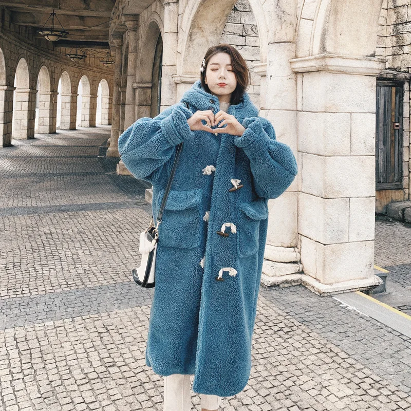 

Photo Shoot Winter New Style Korean-style Mid-length over-the-Knee Lambs Wool Overcoat Thick Hooded Cotton Coat Toggle Coat Wome