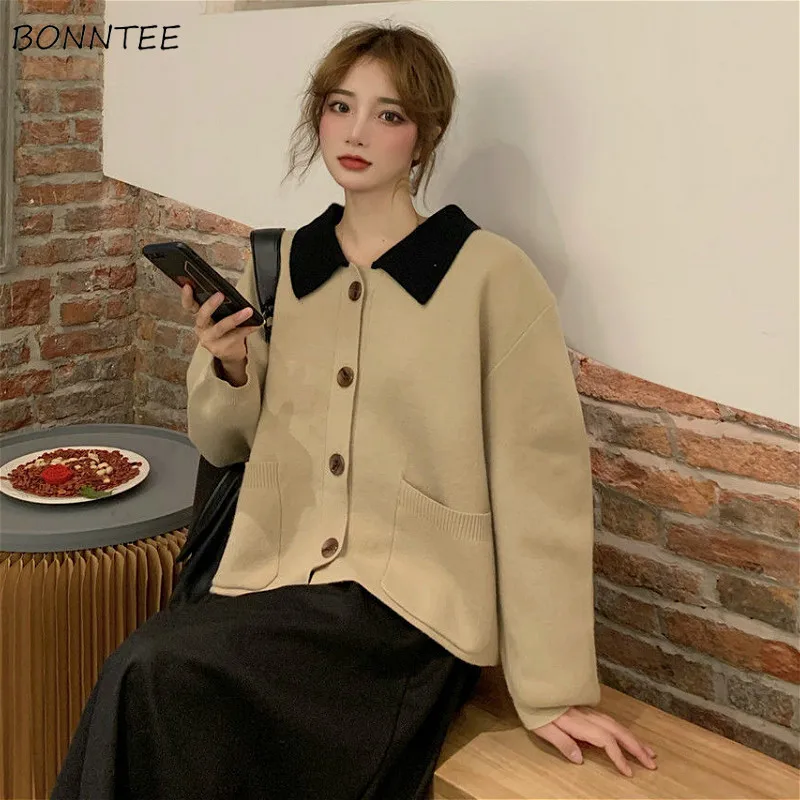 Sweaters Women Patchwork Warm Cardigans Loose Jumper Daily Outwear Korean Style Chic Turn-down Collar Knitted Retro Teens Female |