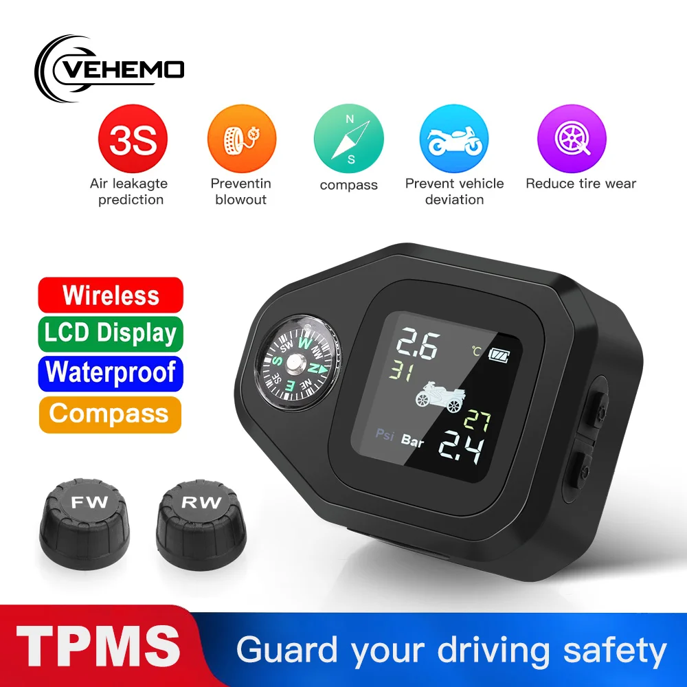 

Waterproof Motorcycle TPMS LCD Color Screen motorbike Tire Pressure Monitoring System Tire Temperature 2PCS External Sensor