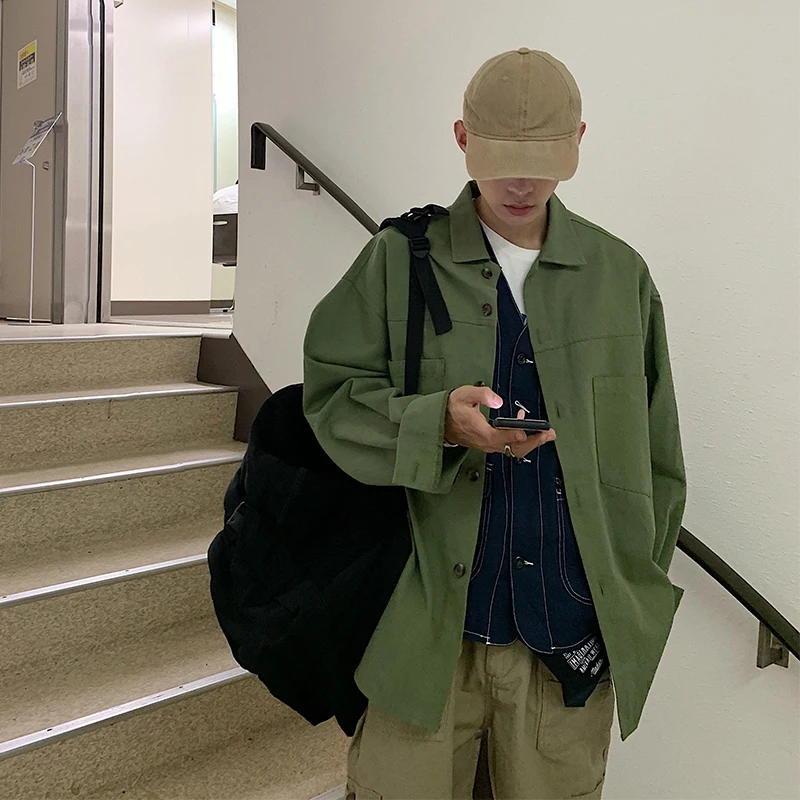 

2019 Men's Work Clothes Outerwear Streetwear Bomber Jacket Loose Cargo Coats Green/khaki Color Windbreaker Plus Size M-XL