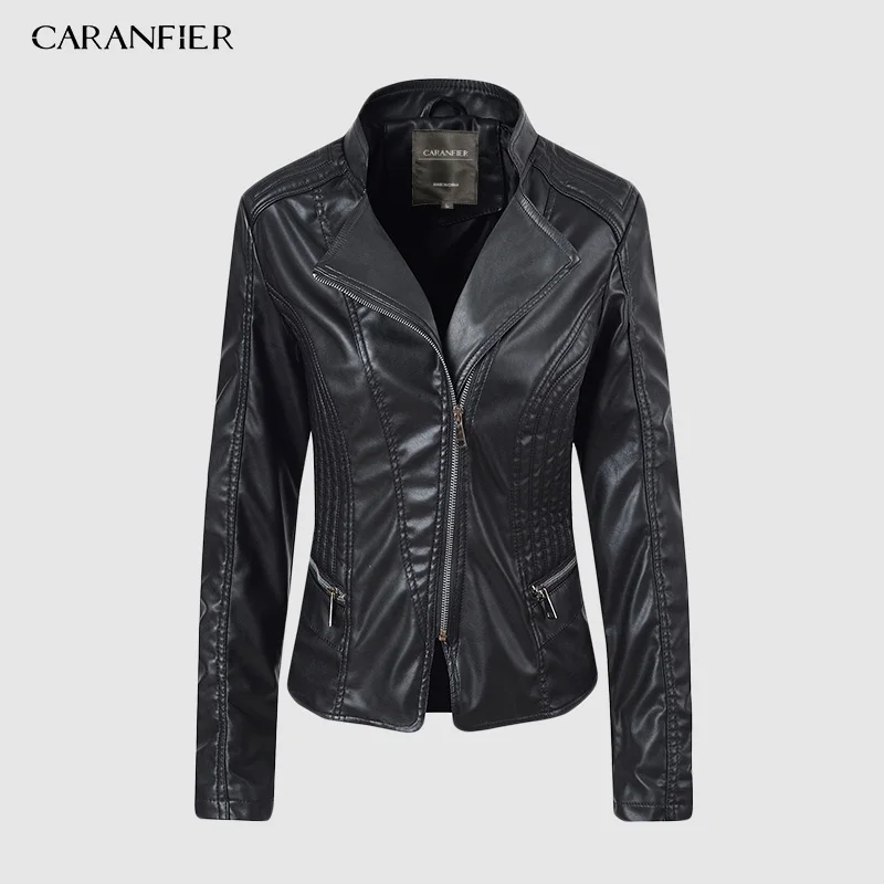 CARANFIER, женская кожаная куртка, мотоциклетная, осенняя, с длинным рукавом, на молнии, Куртки из искусственной кожи, 6 цветов, женские пальто, верхняя одежда - Цвет: Черный