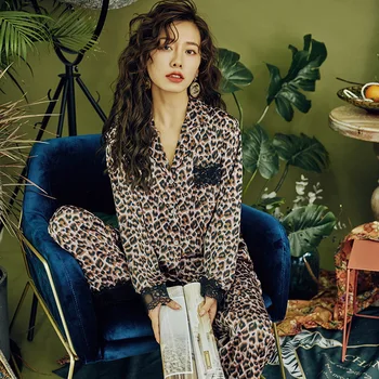 

summer, satin, long-sleeved pants pajamas ms new leopard grain ice silk silk leisurewear female factory direct sale