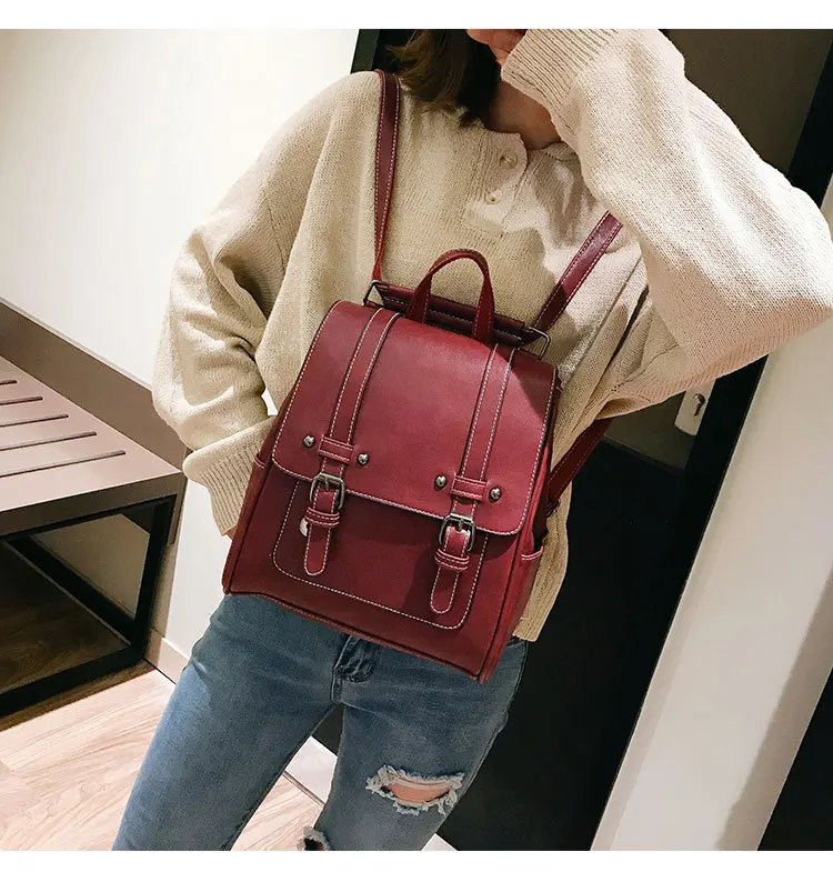 2019 Vintage Women Backpack Purse School Bag for Teenage Girls Retro Leather Backpacks Black Red Travel Back Pack Small Rucksacks (5)