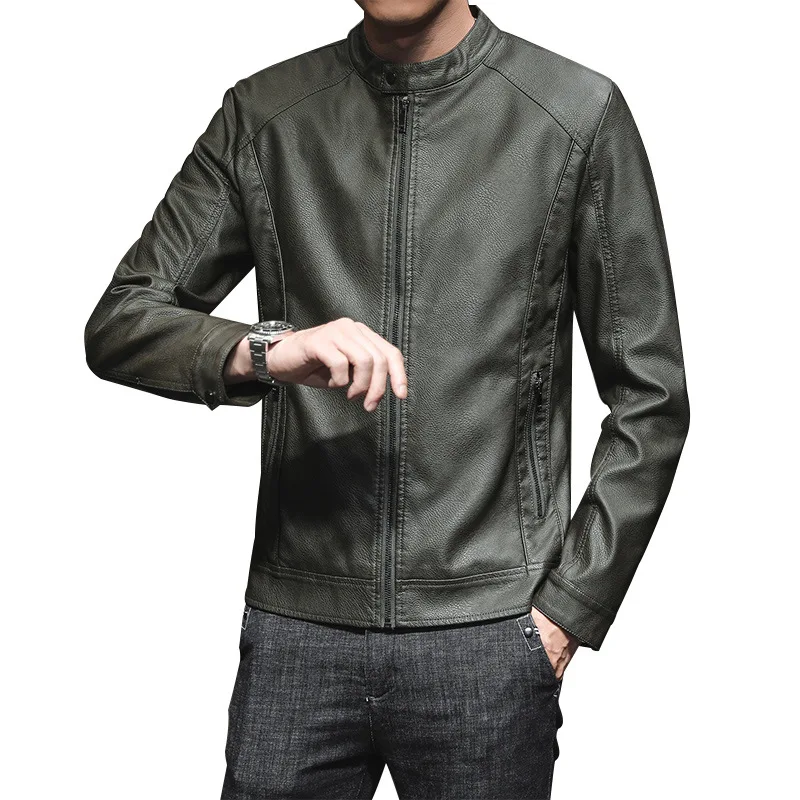 

2019 Spring And Autumn New Style European And American Minimalist Men Youth Thin Stand Collar Leather Coat PU Leather Casual Fas