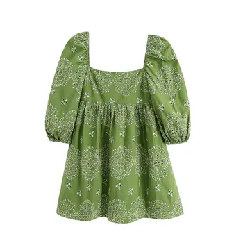 

2020 summer women's new square-neck puffy sleeve side pocket mini dress with openwork embroidered decorative lining dress