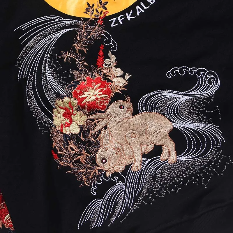 Autumn Winter Lunar animal print Hoodie Oversized Couple Hip hop Embroidered Men High Street Fashion Turtleneck Sweatshirt