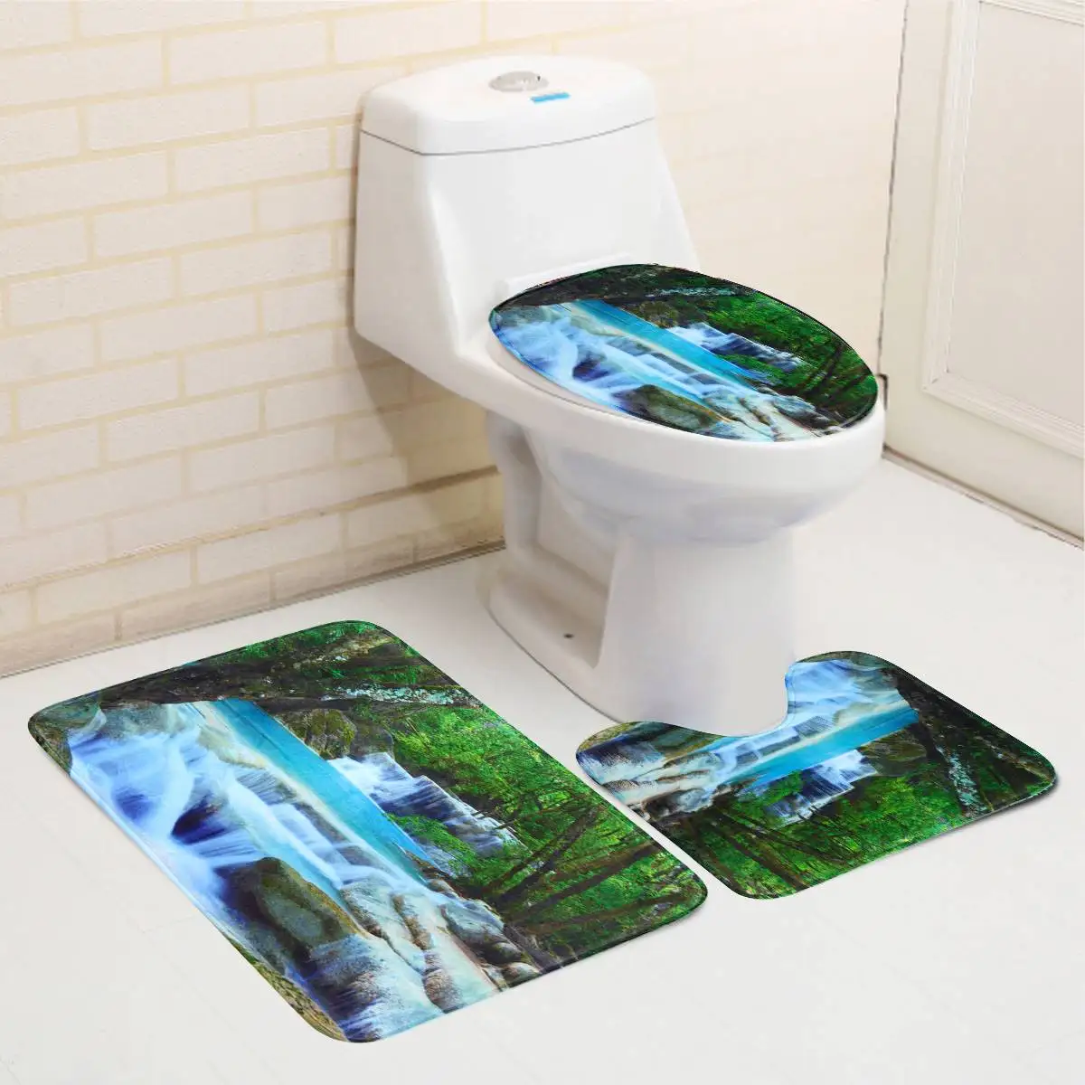 3D водопад пейзаж водонепроницаемый ванная душевая занавеска ковер набор Солнечный свет полиэстер занавеска для ванной Нескользящая Крышка для туалета коврик для ванной - Цвет: 02 mats