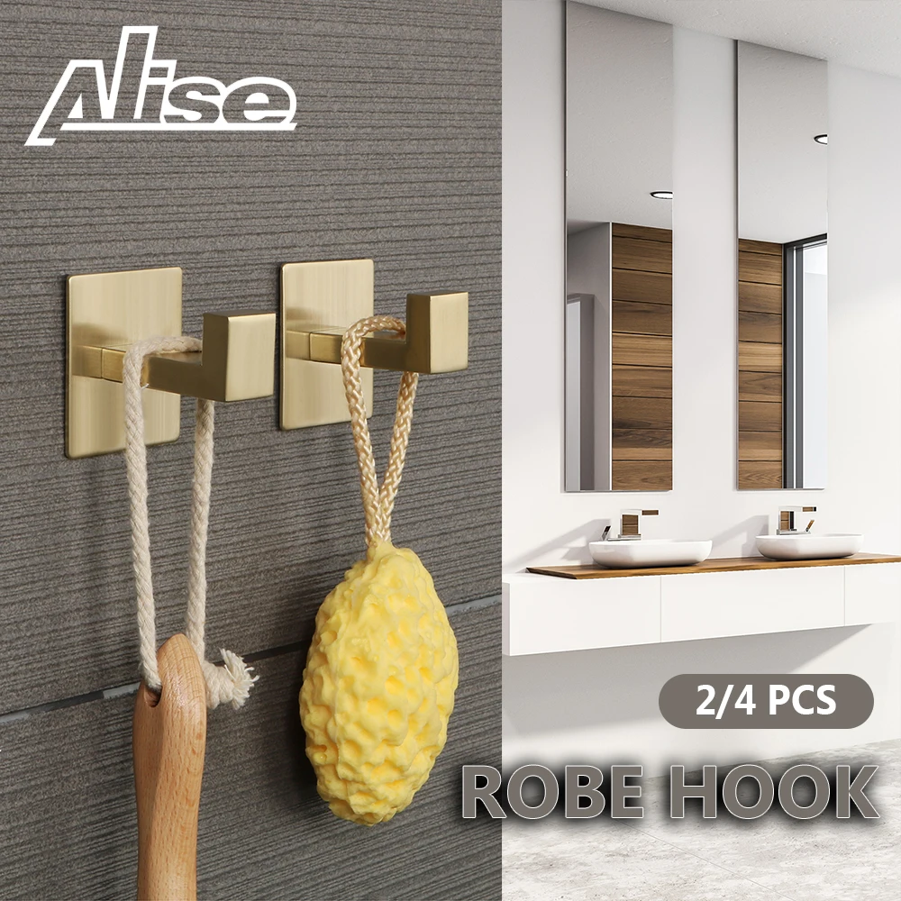 

2/4pcs Robe Hook Single Towel/Coat Hook for Bathroom Kitchen No Drilling SUS304 Stainless Steel Golden Wall Mount Hook