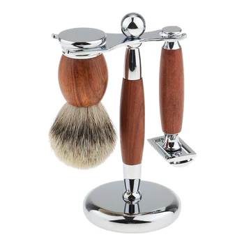 

3 In 1 Salon Barber Beard Shave Set Wooden Handle Shaving Brush Metal Shaver with Handle Holder for Men