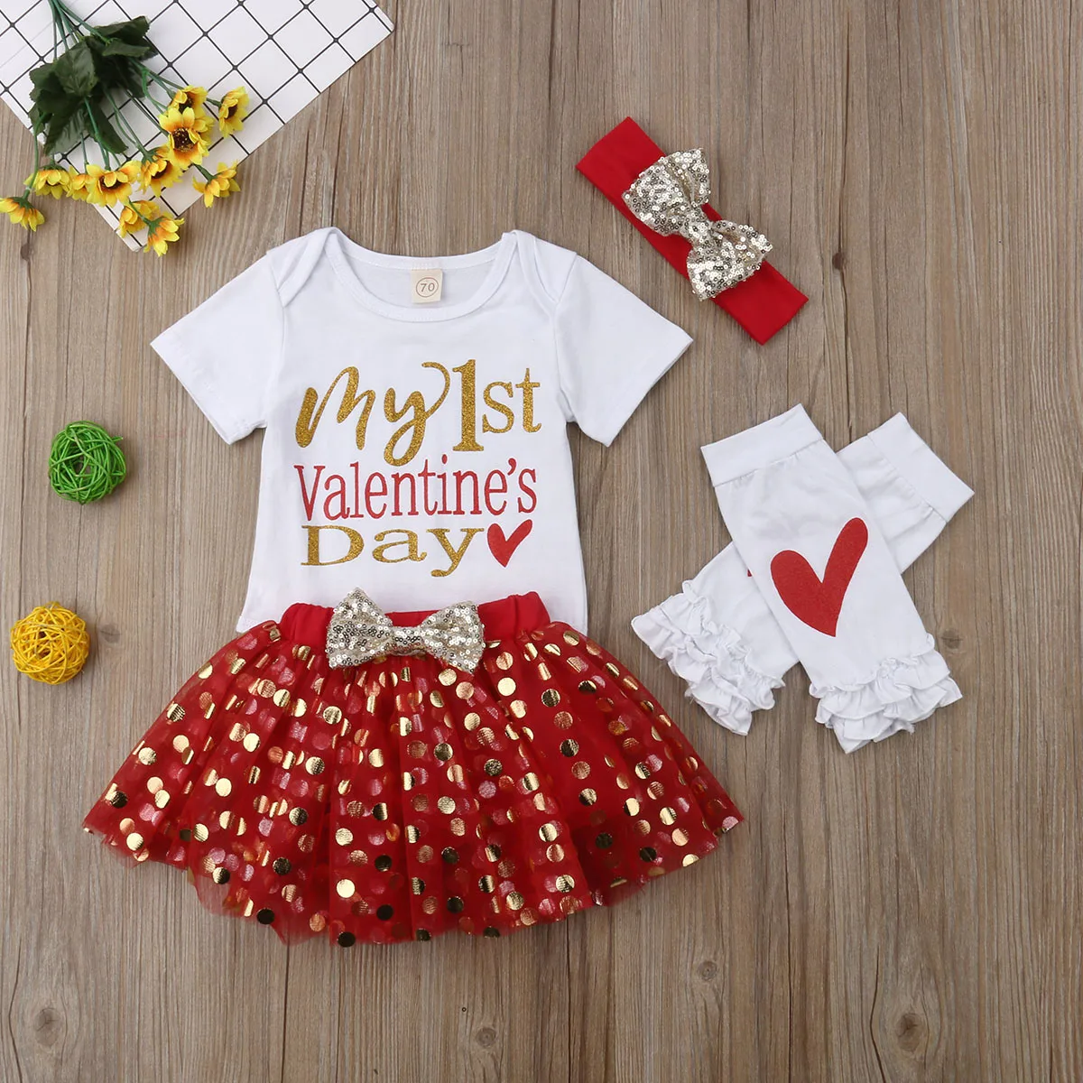 Боди с короткими рукавами и надписью «My 1st Valentine», 3 предмета юбка с бантом гетры с повязкой на голову для маленьких девочек