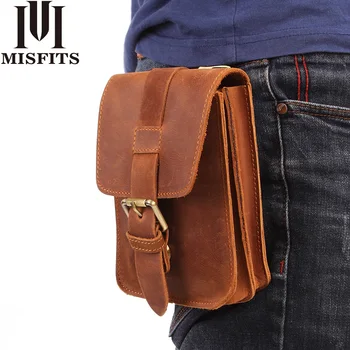 

MISFITS Crazy Horse Cow Leather Mens Waist Bag Genuine Leather Travel Small Fanny Pack Belt Loops Hip Bum Bag Male Phone Pouch