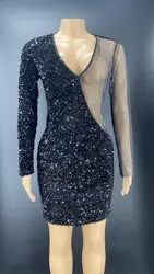 Flashing Black Long Sleeve Sequins Rhinestone Mesh Splicing Dress Evening Celebrate V-neck Costume Prom Dancer Stage Wear