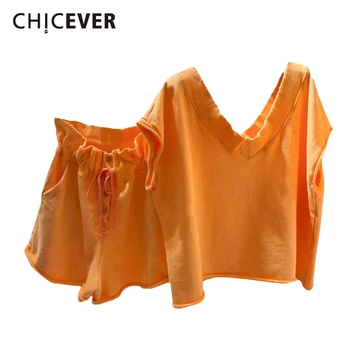 

CHICEVER 2020 Summer Korean Causal Women Tracksuit Short Sleeve V-neck T Shirt Lace Up Buttons Waist Shorts Two Piece Set MI843