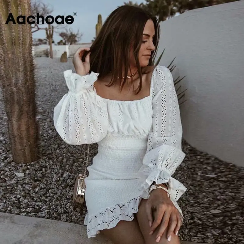 

Women Fashion Lace Embroidery A-line Dress Butterfly Long Sleeve Sexy Sheath Dress Lady Ruffles Bow Stylish Mini Dress Sundress