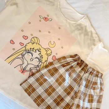 

Japan Anime Women Pajama Ice-silk Tops Sailor Moon Print Pyjamas Set For Summer Lolita Girls Homewear Female Cute Sleepwear