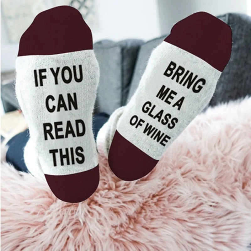 1 Pair Funny Couple Socks Stylish English Words &quotIf You can read this Bring me A Glass wine&quot Printed Men Women Valentine Sock |
