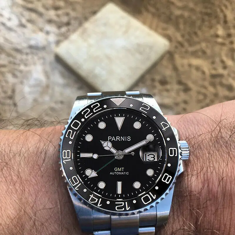 Parnis 40mm black dial GMT Mechanical Watch Sapphire glass automatic mens watch high quality super luminous Relogio Masculino