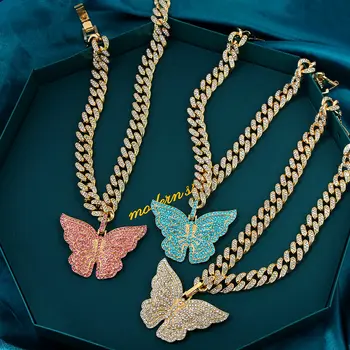 

Iced Out Big Butterfly Pendant Necklace Cuban Link Chain Choker Necklace for Women Bling Multicolor Rhinestone Crystal Jewelry