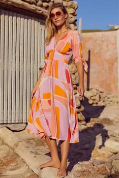 

Swimsuit Cover Up Beach Dress Woman Outlet Tunic Large Size 2020 New Geometric Printed Neck Single Breasted Midi Acetate