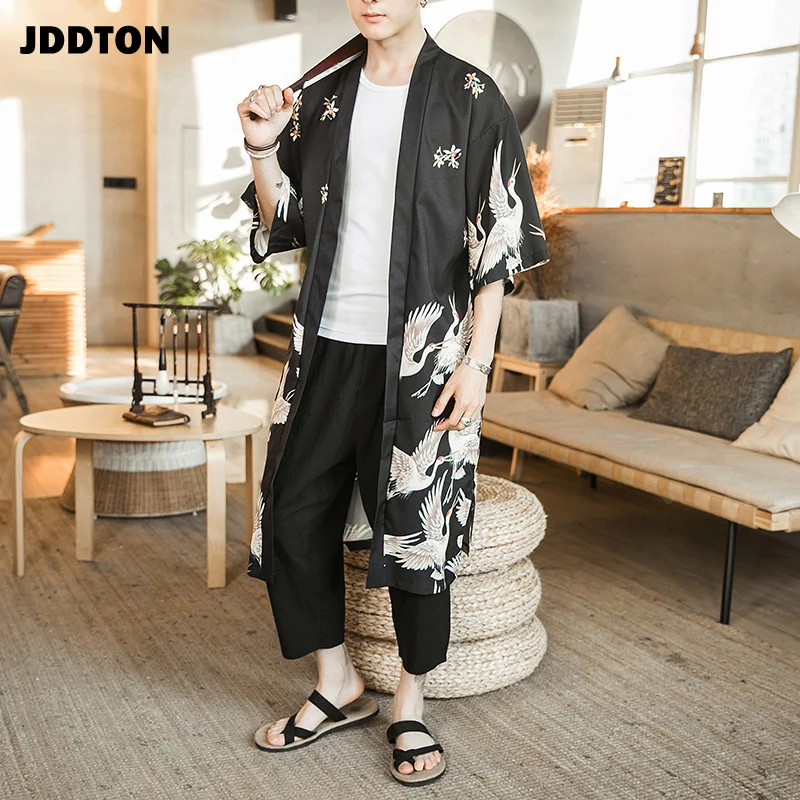 New JDDTON Men's Kimono Fashion Jackets Long Cardigan Traditional Japanese Yukata Outerwear Haori Coats