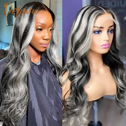 Highlight Colored Lace Frontal Wig Body Wave 13X4 32 Inch Human Hair Wigs Ombre Highlight Wigs Black Grey Colored PrePlucked