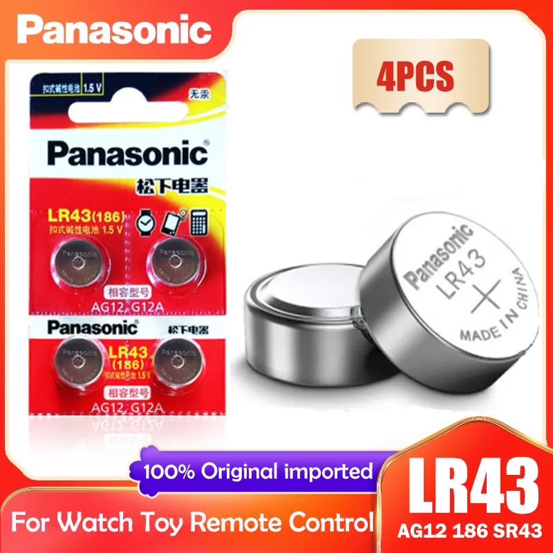 Panasonic-pila alcalina LR43 AG12 186 1,5 V, 386 SR1142 LR1142 SR43, pila de botón para reloj con calculadora y Control remoto, 4 Uds.