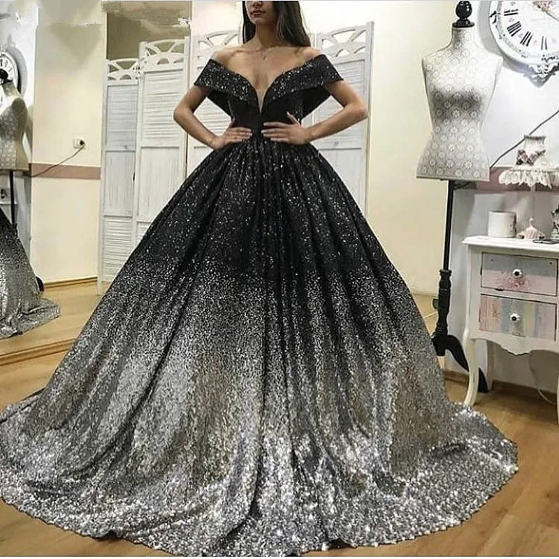 Vestido de baile de lentejuelas quinceañera, negro y plateado, lujo, árabe, Dubái, largo, 16, 15 años, 2019|Vestidos de quinceañera| - AliExpress