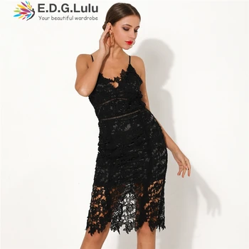 

EDGLuLu Black Lace V Neck Sleeveless Women Summer Dresses Casual Elegant Backless Sexy Dresses Party Night Club 0530