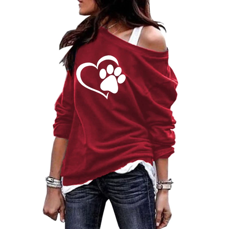  Hoodies For Women Round Neck Shoulder Hoodies DOG PAW Letters Print Sweatshirts Kawaii Women Tops F