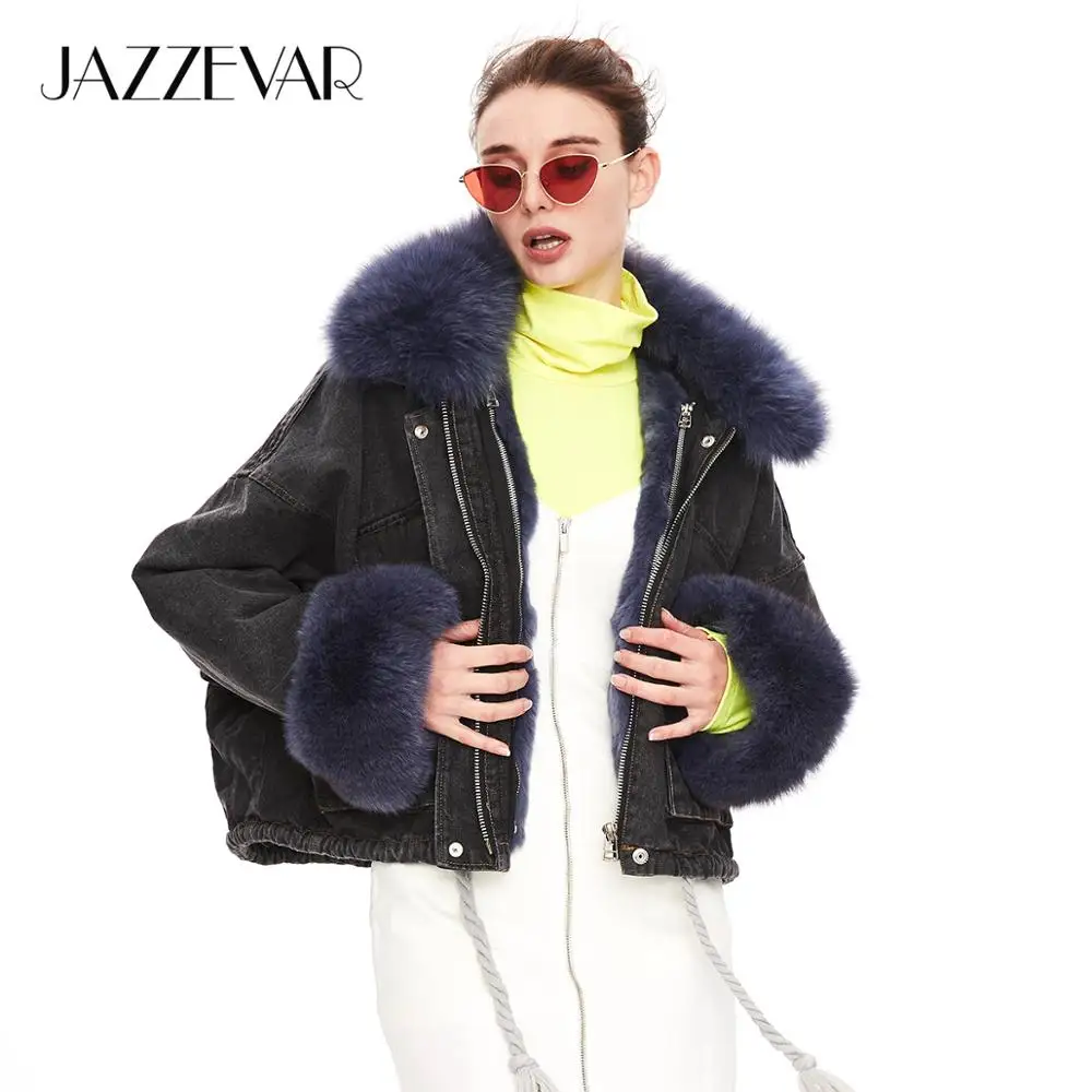 JAZZEVAR Зима новое поступление джинсовая куртка женская свободная одежда верхняя одежда с меховым воротником высокое качество зимная женская куртка W9086