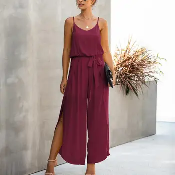 

Side Split Wide Leg Jumpsuit Female Summer Fashion V-neck Strap Jumpsuits Women 2020 Casual Loose Sexy Jumpsuit Plus Size