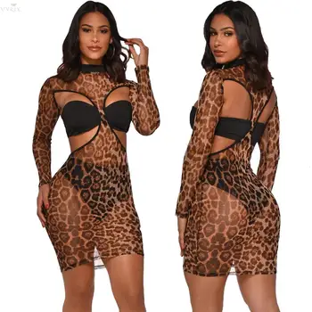 

Sexy Dresses Spring Autumn Mesh Gauze Three-pieces Womens Dresses Hollow Out Leopard Printing Night Clubwear Party Midi Dress
