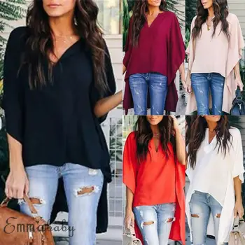

Women Fashion Short Sleeve Blouses Ladies Summer Casual V Neck Loose Irregular Shirts Solid Long Shirt