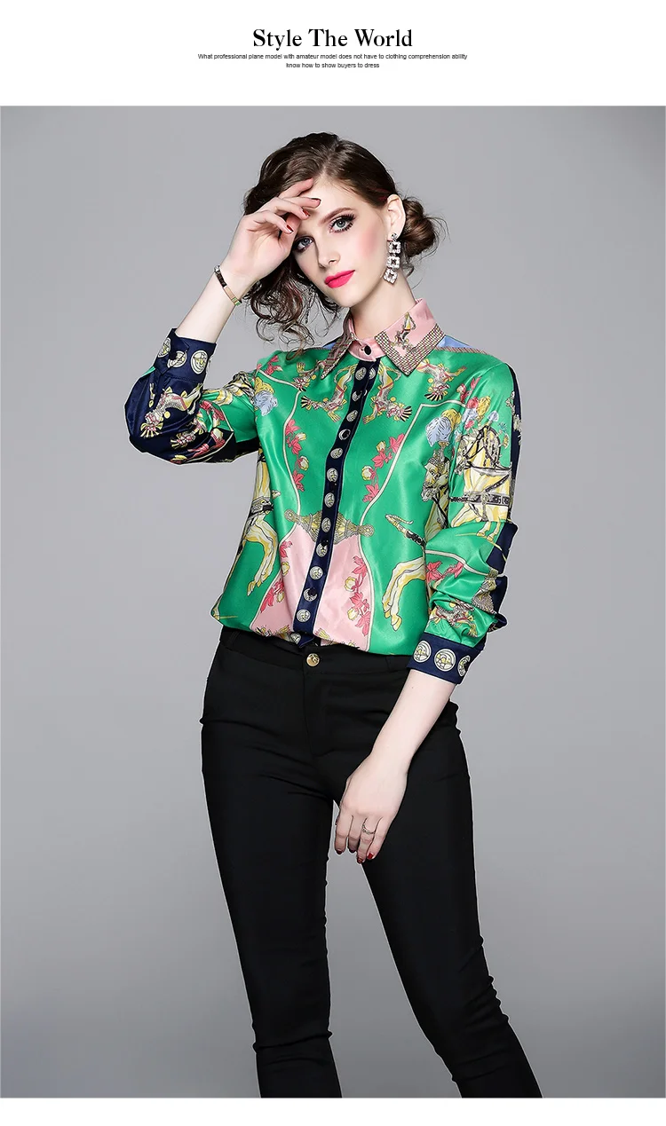 Spring Autumn Womens Tops And Blouse Ladies Long Sleeve Turn Down Colloar Elegant Office Shirt Women Runway Green Top Blusa