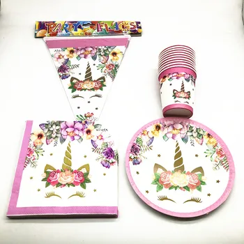 

80Pcs/Lot New Unicorn Theme Cartoon Kids Girl Birthday Party Paper Plates Cups Napkins Flag Baby Shower Decoration Supplies