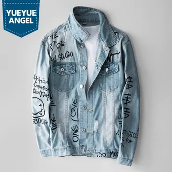 

Spring 2020 Denim Jacket Men Fashion Loose Letter Printed Cowboy Short Coat High Street Light Blue Frayed Single Breasted Jacket