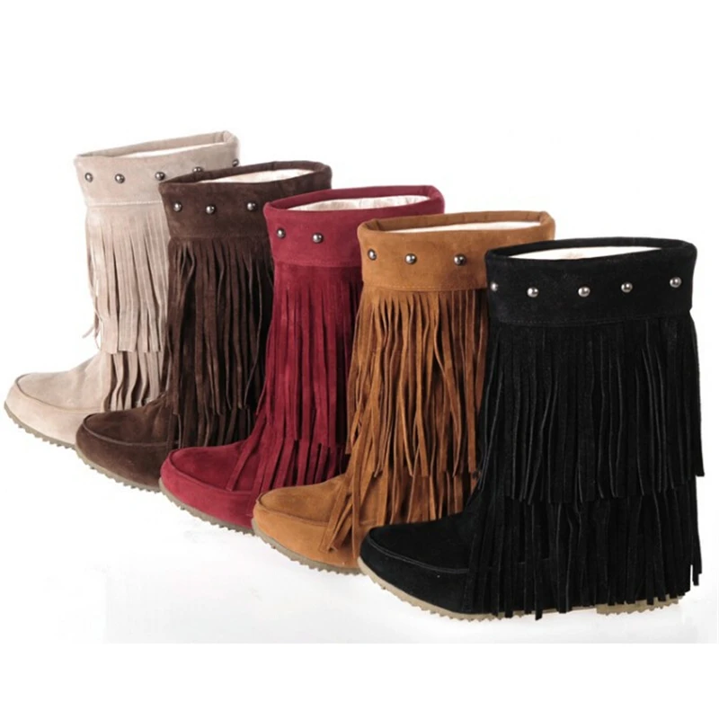 Womens Moccasin Tassel Fringe Boot Mid Calf Knee High Hidden Shoes Boots G Womens Moccasin Tassel Fringe Boot Mid Calf Knee High Hidden Shoes Boots G