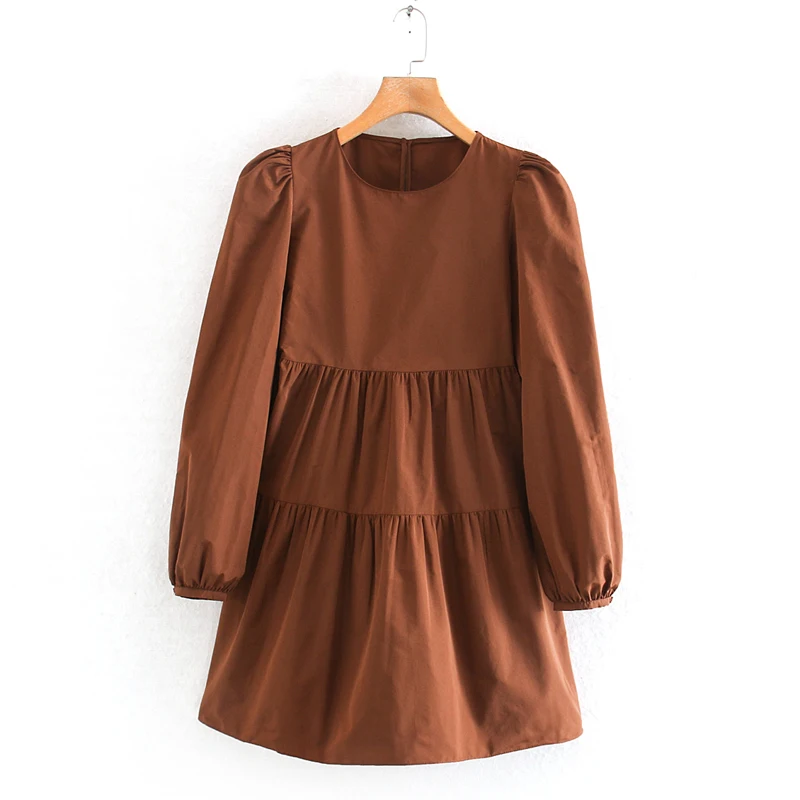 

AGong Loose Taffeta Dresses Women Fashion Casual Solid O Neck Dress Women Elegant Long Sleeve Mini Dresses Female Ladies KAC