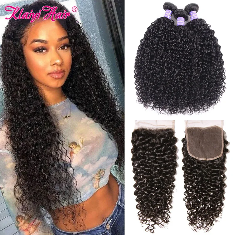 Klaiyi Curly Hair Bundles With Closure Brazilian Remy Hair Extension Human Hair Bundles With Free Part Closure Natural Weave