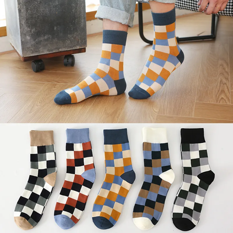 Autumn Winter New Socks Men's British Style Checkered Color Matching Tube Personality Trendy Jacquard | Женская одежда