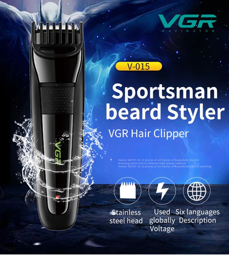 VGR 015 Hair Clipper Professional Barber Beard Styler Stainless Head USB Rechargeable Washable Noise Reduction Trimmer VGR V015 3