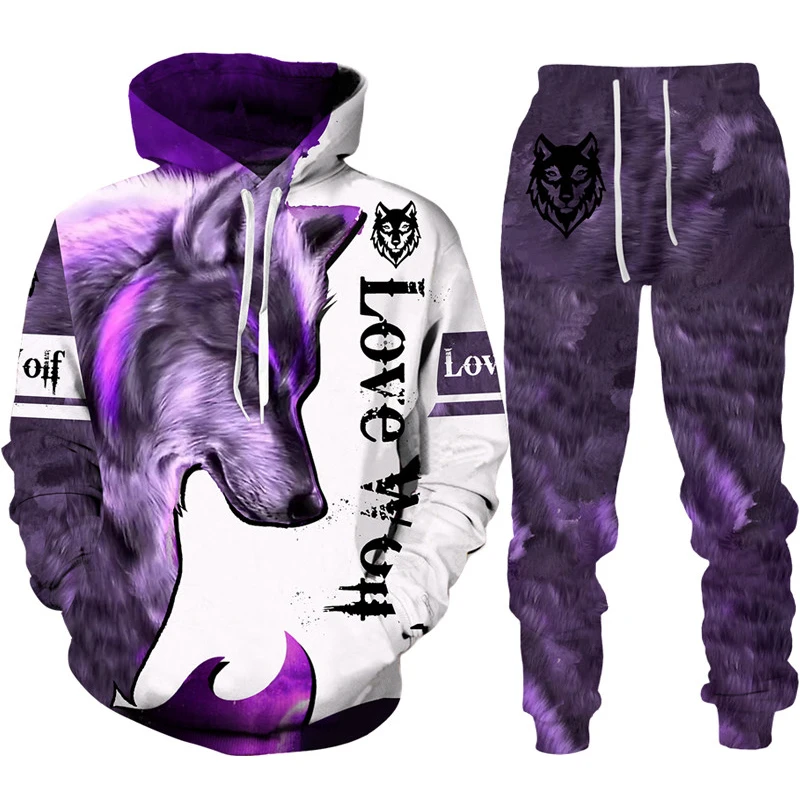 Creative 3D Wolf Printed Hoodie + Pants Sweat Suit Men's Casual Jogging ...