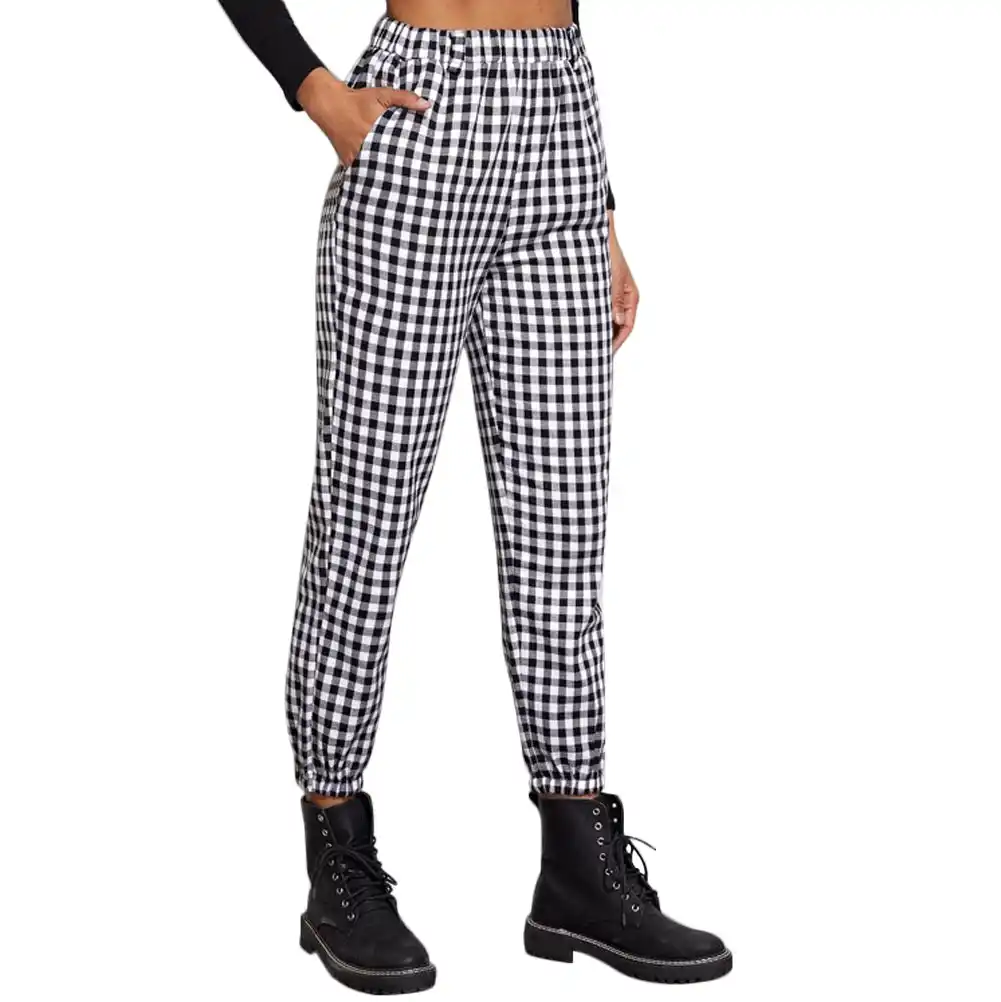 black and white plaid trousers