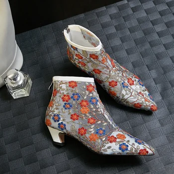 

Womens Pointed Toe Mesh Breathable Ankle Boots Kitten Heels Embroidery Floral Summer Lace Sandals Shoes Black White Sz