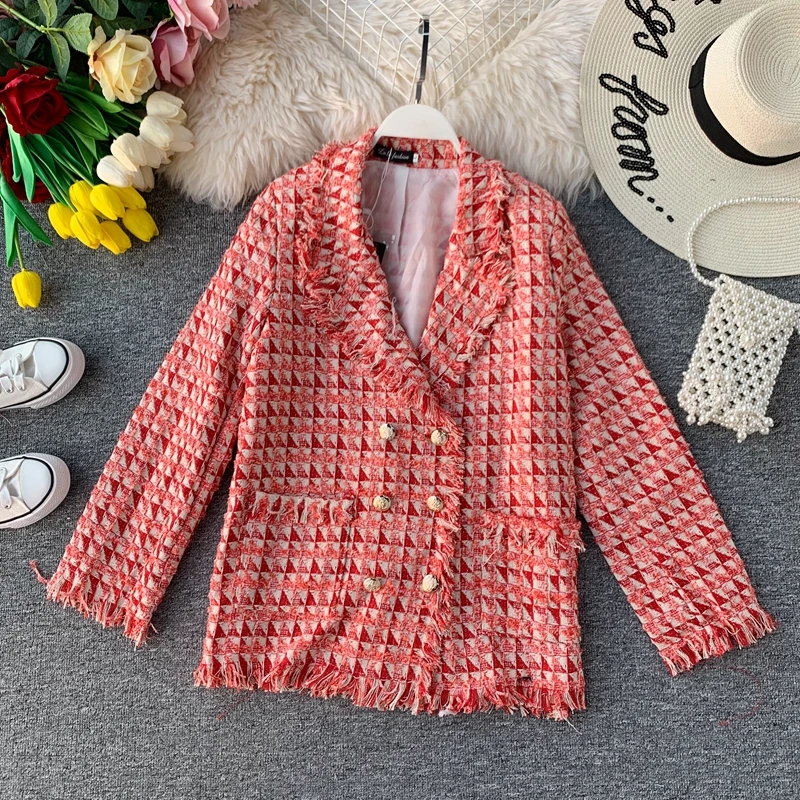 astounding  JoinYouth Tweed Plaid Work Fashion Jacket Women Double Breasted V Neck Office Lady Coat Autumn 2019