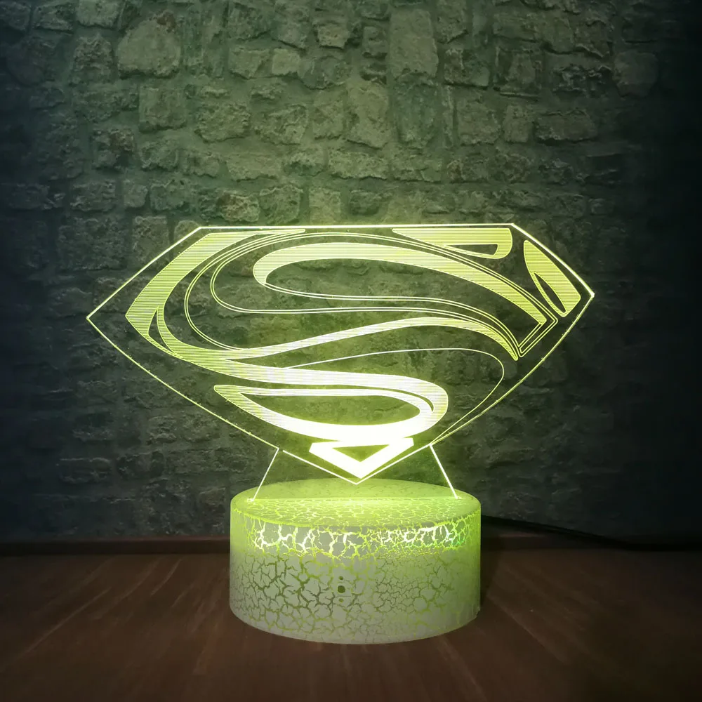 3D светодиодный DC Супермен логотип лампочки с символами, моделирующая лампа, 7 цветов, изменение иллюзии, настольный ночник, декор для комнаты, Детские вентиляторы, подарок, детская игрушка