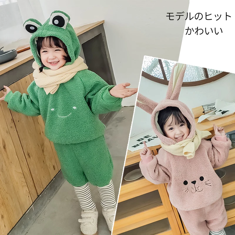 

Boys And Girls Plus Velvet Suit 2019 Winter Cute Animal Two-piece Female Treasure Thickened Sweater Fake Two Pants
