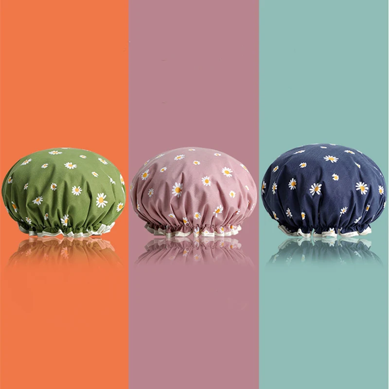 Capa de chuveiro feminino chapéu dupla camada suprimentos à prova dwaterproof água grosso acessórios do banheiro boné de cabelo|Toucas de banho| -